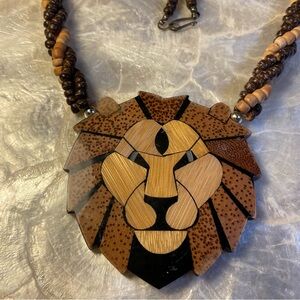 Vintage Lee Sands Wooden Lion Pendant Statement Necklace